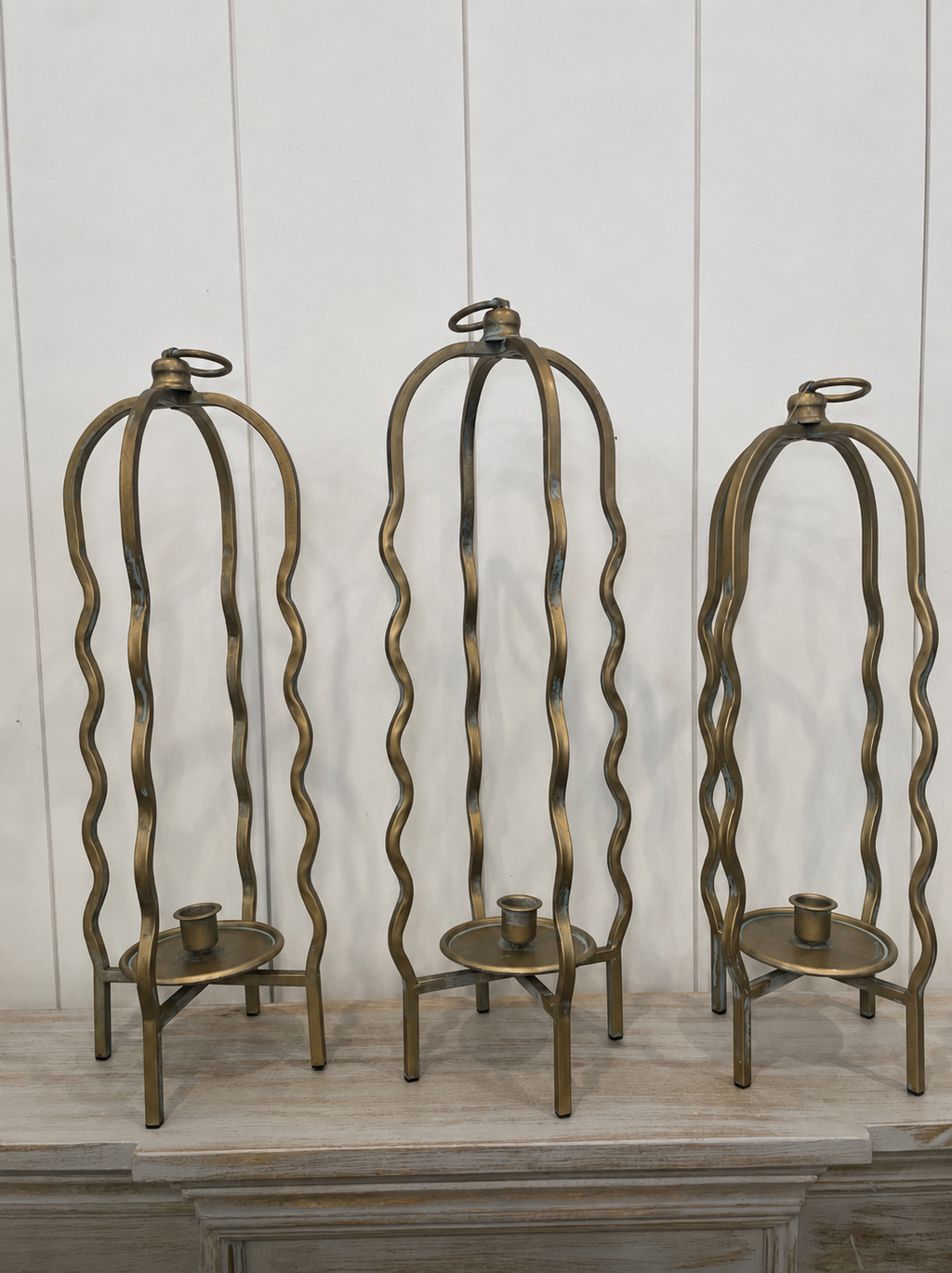Wavy Cage Gold Distressed Finish Candle Holders Set 3