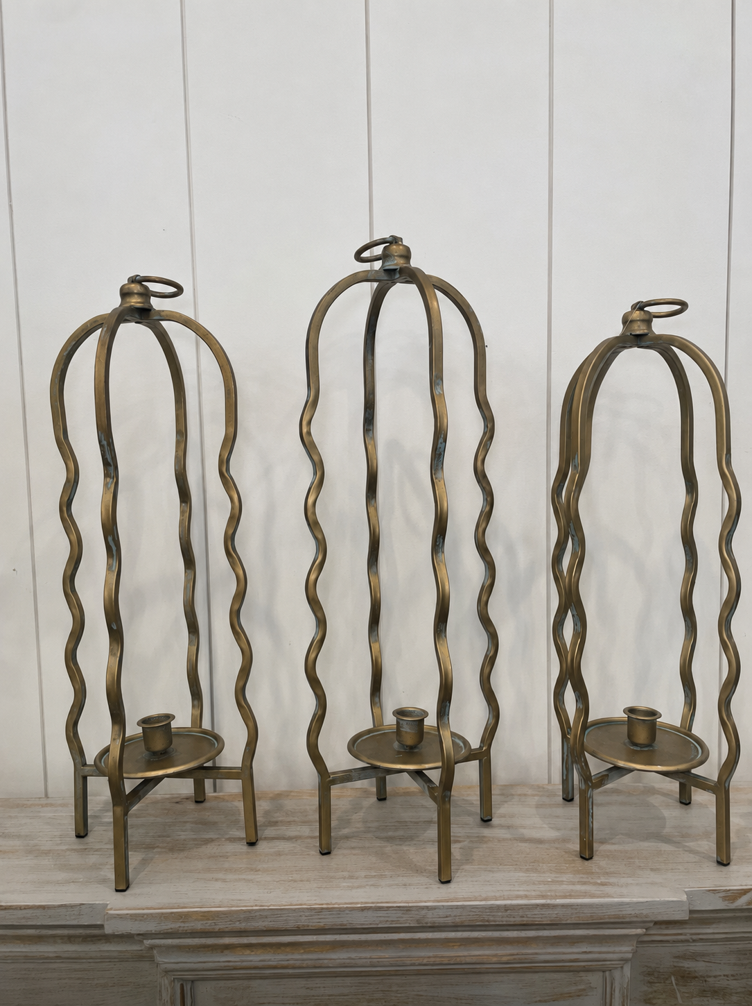 Wavy Cage Gold Distressed Finish Candle Holders Set 3