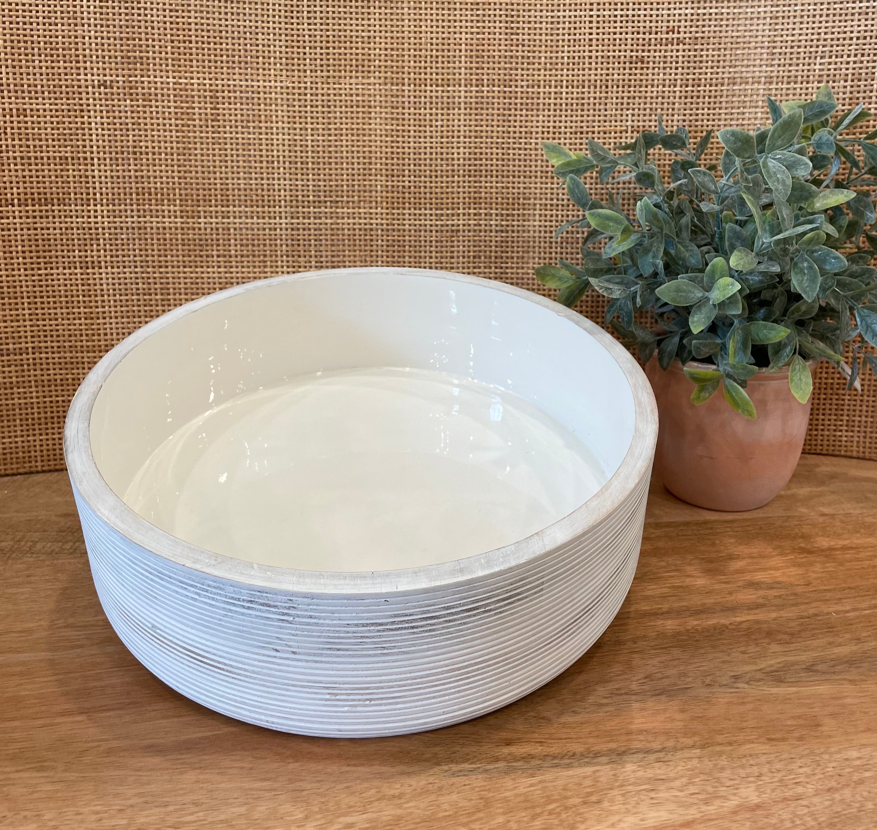 Ribbed Whitewashed Mango Wood Bowl-M