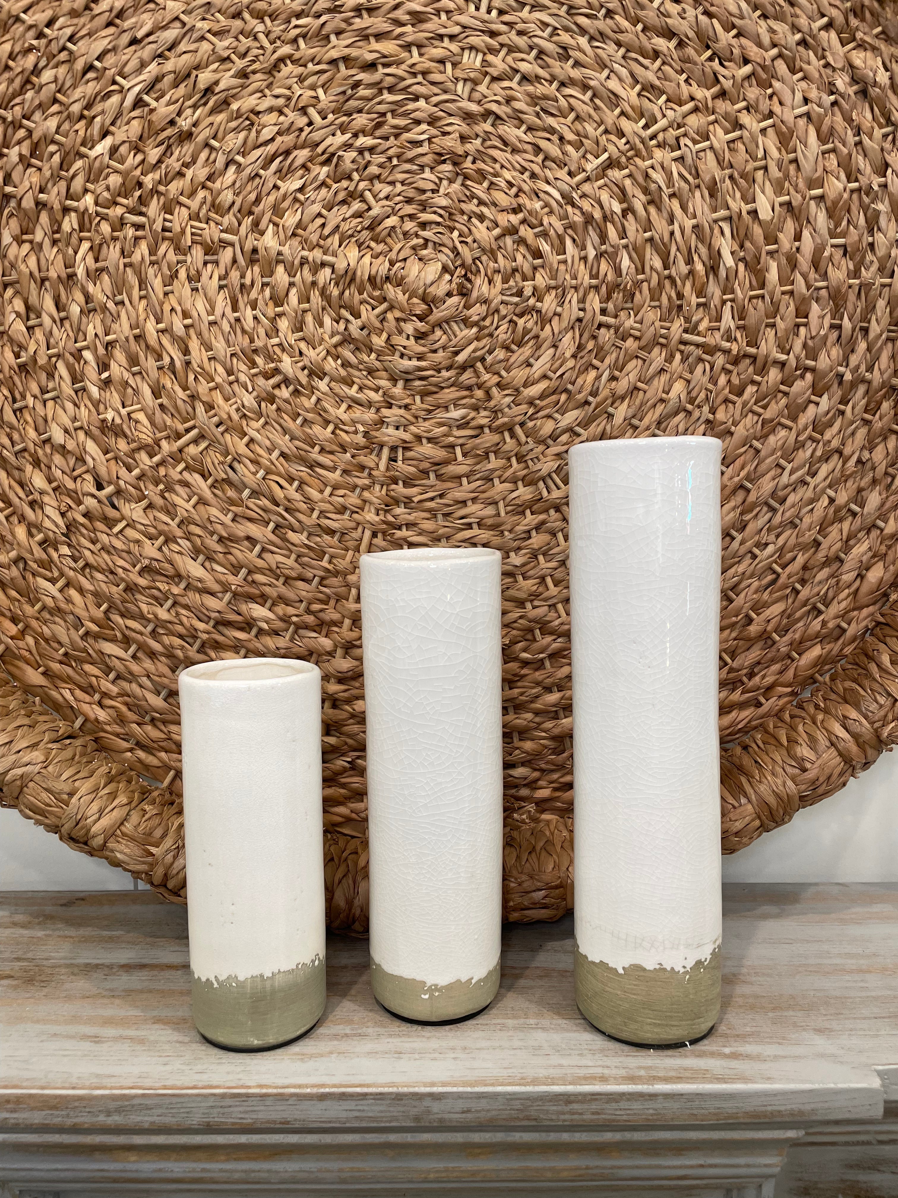 White Cylinder Vases With Taupe Band,Set 3