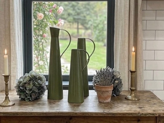 Green Metal Pitcher Vases Set of 3